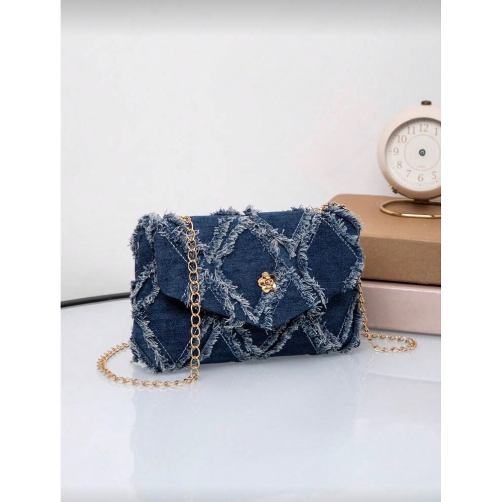 Distressed Denim Crossbody Bag Blue Quilted Frayed‎ Chain Strap Purse